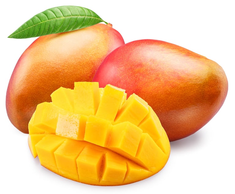 Ripe mango fruit on white background