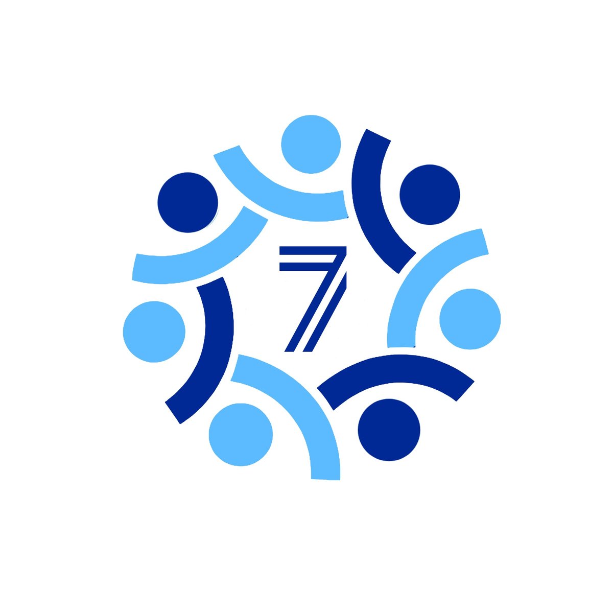 Seven blue circles arranged around a central number 7 with connecting curved lines forming a circular pattern